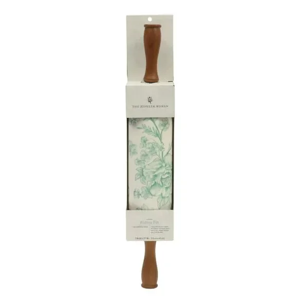 Pioneer Woman Agatha Ceramic Rolling Pin with Olivewood Handles Green White GIFT